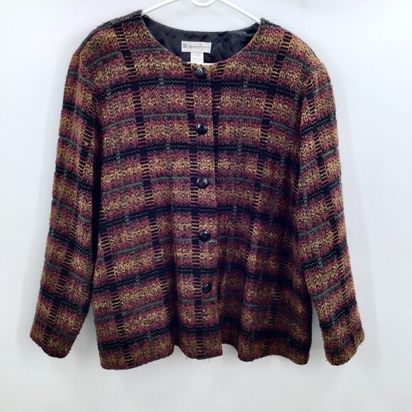 dressbarn Jackets & Blazers - Vintage 1990s Plaid Blazer 3X Grunge Brown Red Jewel Neck Long Sleeve Office USA